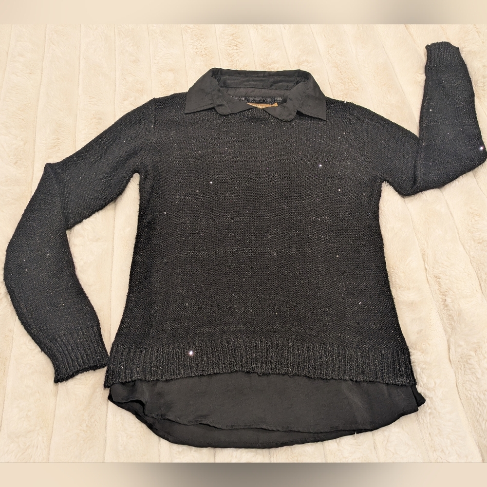 Conbipel Women's Black Long Sleeve Sequin Collared Sweater Blouse Top Size: M